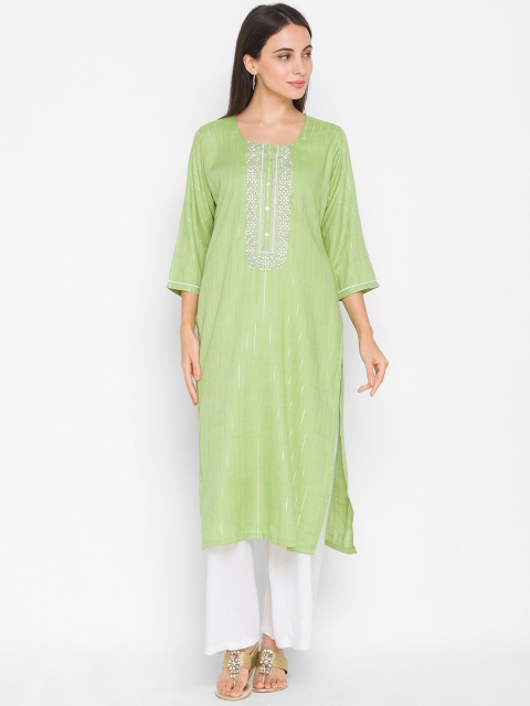 

ZOLA Women Green Striped Thread Work Kurta