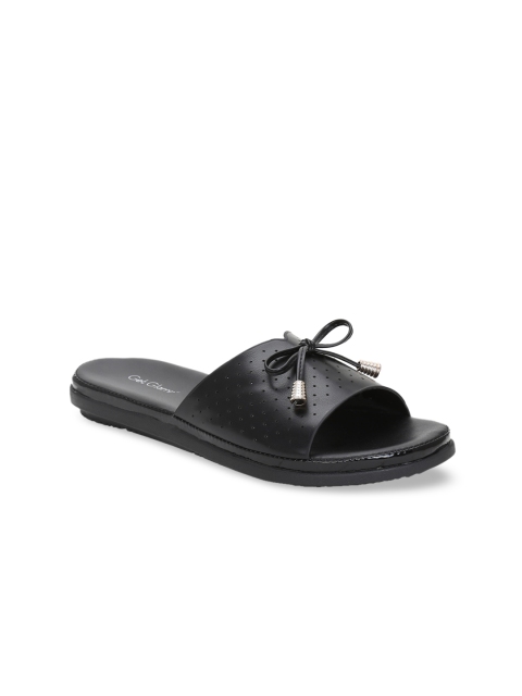

Get Glamr Women Black Textured Open-Toe Flats With Bows