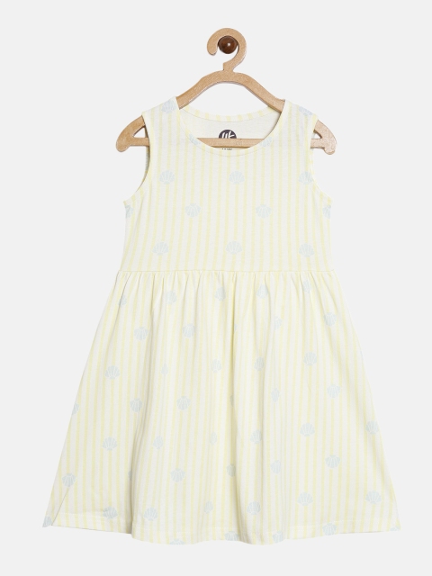 

YK Girls Cream-Coloured & Yellow Striped Pure Cotton Fit & Flare Dress