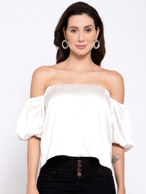 

iki chic Women White Cold Shoulder Satin Bardot Top
