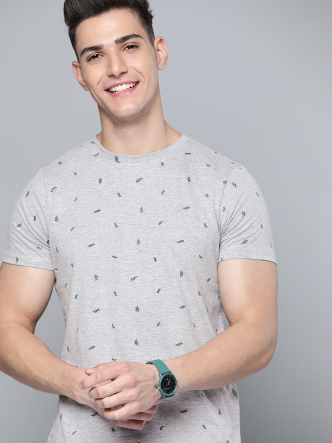 

Mast & Harbour Men Grey Melange & Navy Blue Leaf Print Pure Cotton T-shirt