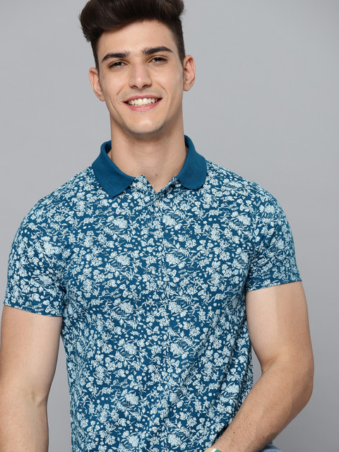 

Mast & Harbour Men Blue & Off White Pure Cotton Floral Printed Polo Collar T-shirt