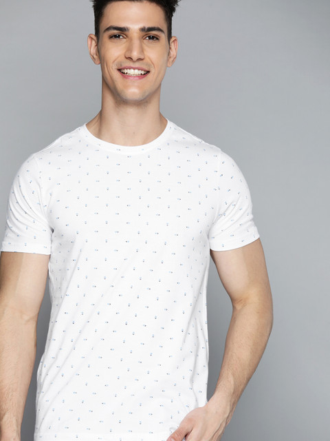 

Mast & Harbour Men White & Blue Cotton Micro Ditsy Geometric Print T-shirt