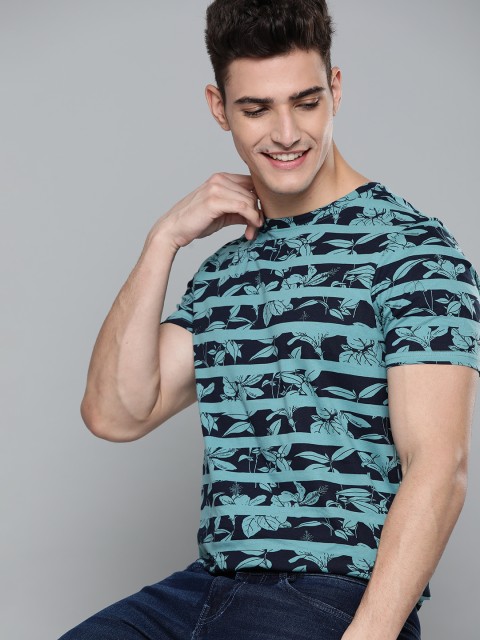 

Mast & Harbour Men Teal Blue & Navy Blue Cotton Floral Print Striped T-shirt