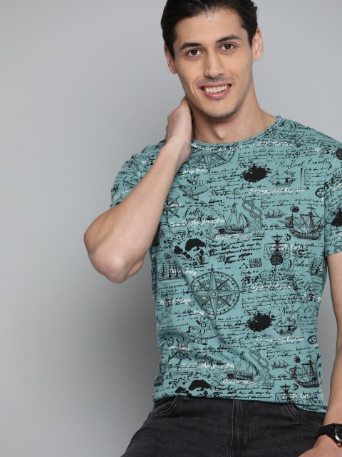 

Mast & Harbour Men Sea Green & Black Typography Printed Pure Cotton T-shirt