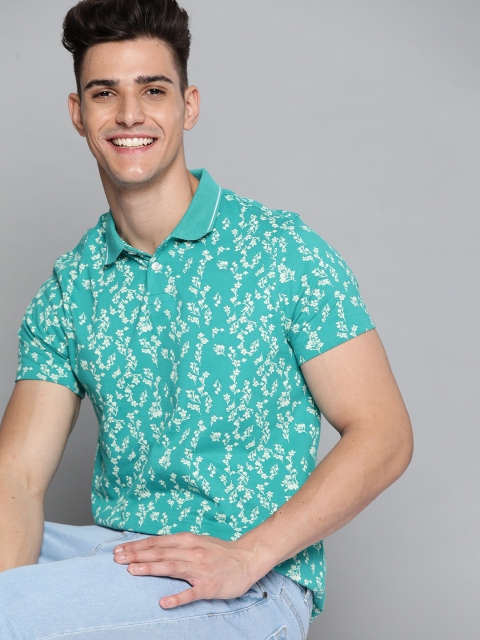 

Mast & Harbour Men Blue Floral Printed Polo Collar Pure Cotton T-shirt