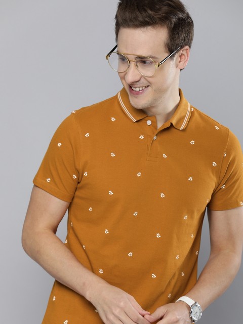 

Mast & Harbour Men Mustard Yellow & White Printed Polo Collar Pure Cotton T-shirt