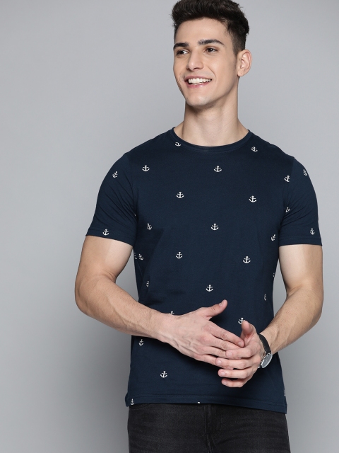 

Mast & Harbour Men Navy Blue & White Cotton Anchor Nautical Print T-shirt