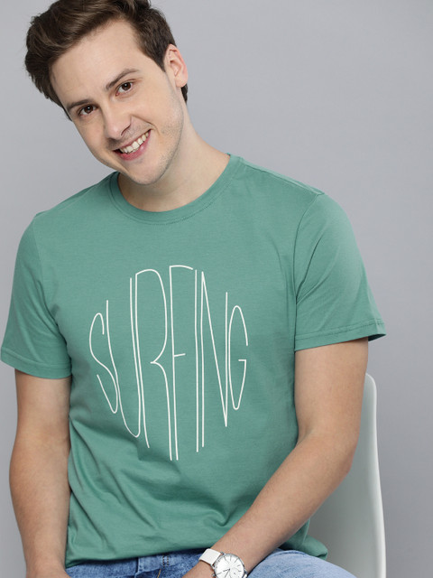 

Mast & Harbour Men Sea Green Typography Printed Pure Cotton T-shirt
