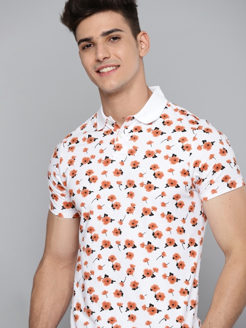 

Mast & Harbour Men White & Coral Pure Cotton Floral Printed Polo Collar T-shirt