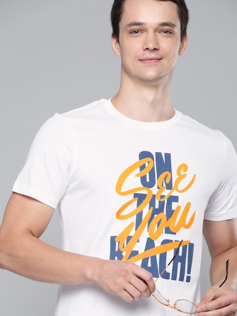 

Mast & Harbour Men White & Navy Blue Pure Cotton Printed T-shirt