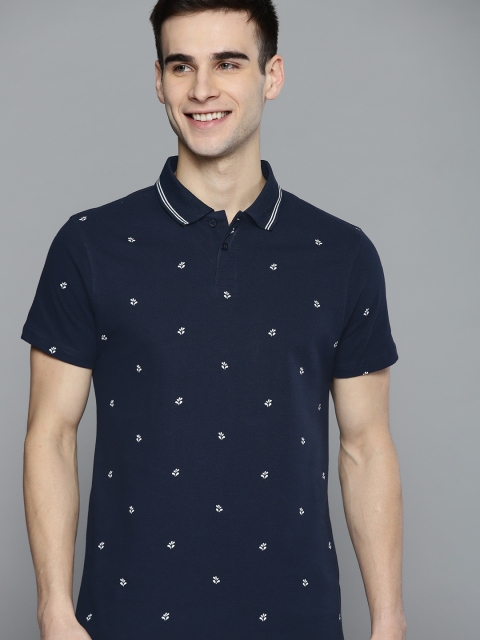 

Mast & Harbour Men Navy Blue & White Pure Cotton Ditsy Print Polo Collar T-shirt