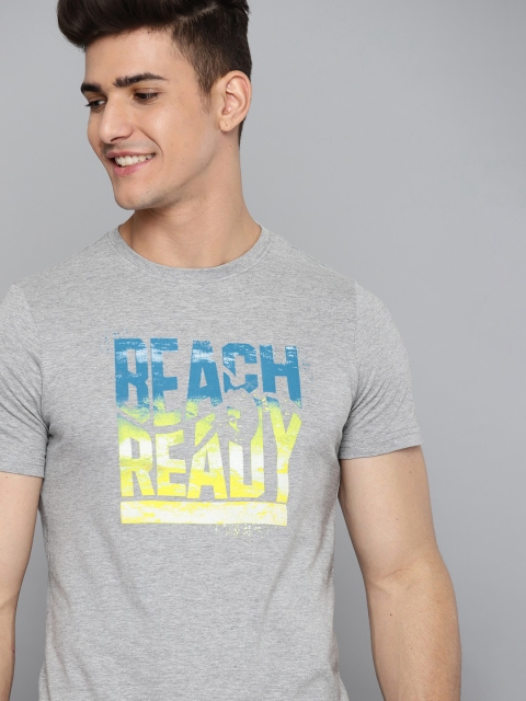 

Mast & Harbour Men Grey Melange & Yellow Typography Printed T-shirt