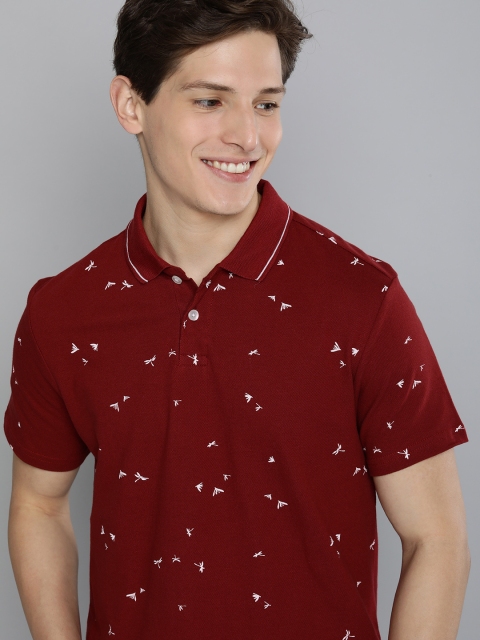 

Mast & Harbour Men Red & White Ditsy Floral Printed Polo Collar Pure Cotton T-shirt