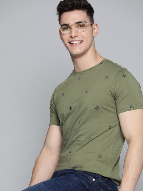 

Mast & Harbour Men Olive Green Cotton Anchor Nautical Print T-shirt