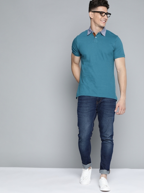 

Mast Harbour Men Teal Blue Pure Cotton Solid Polo Collar Pure Cotton T-shirt