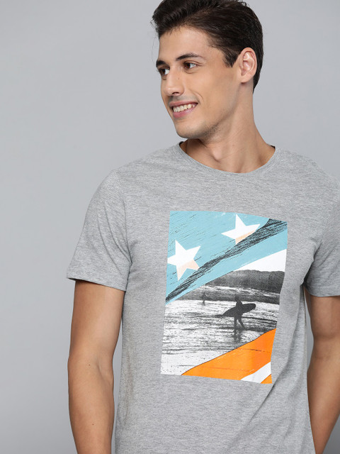 

Mast & Harbour Men Grey Melange Cotton Printed T-shirt