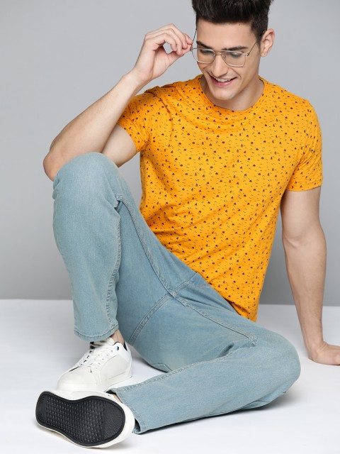 

Mast & Harbour Men Mustard Yellow & Navy Blue Cotton Nautical Print T-shirt