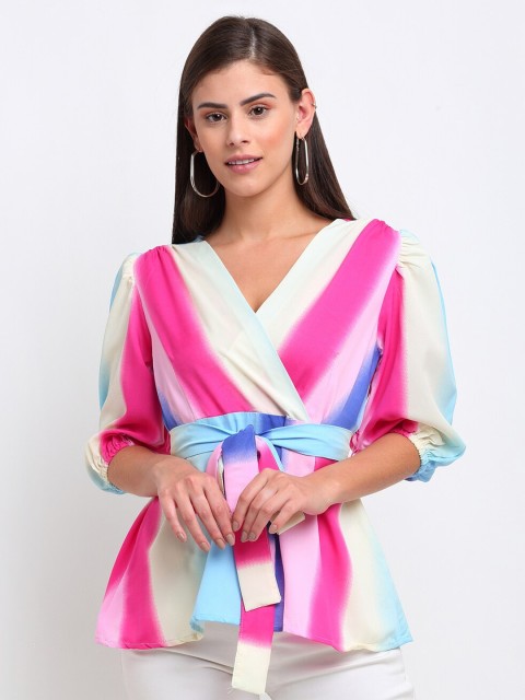 

emeros Women Pink & White Striped Crepe Wrap Top