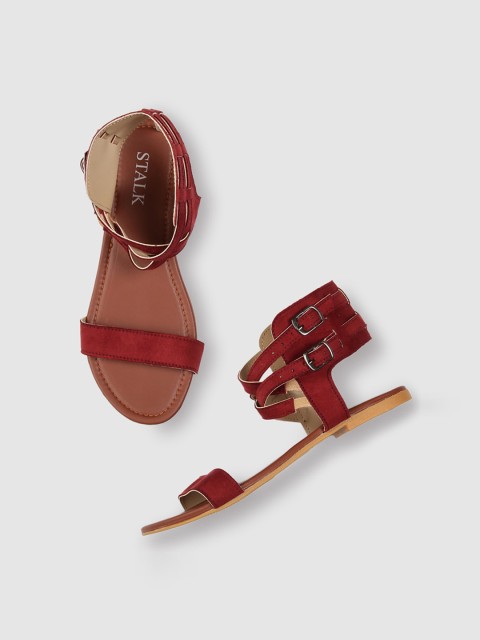 

STALK Women Maroon Solid Velvet Casual Open Toe Flats