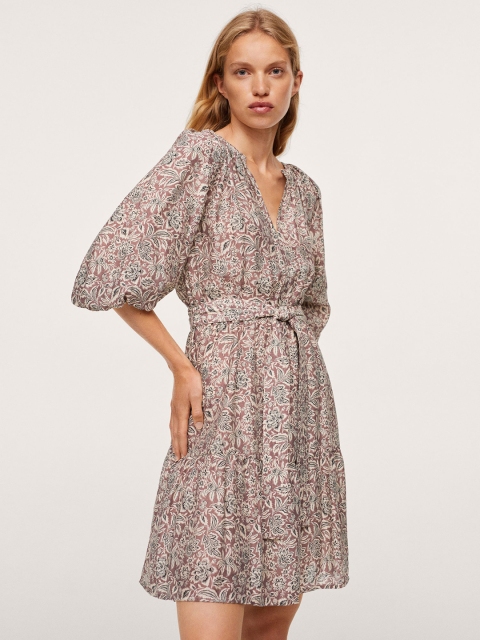 

MANGO Beige & Burgundy Floral A-Line Dress