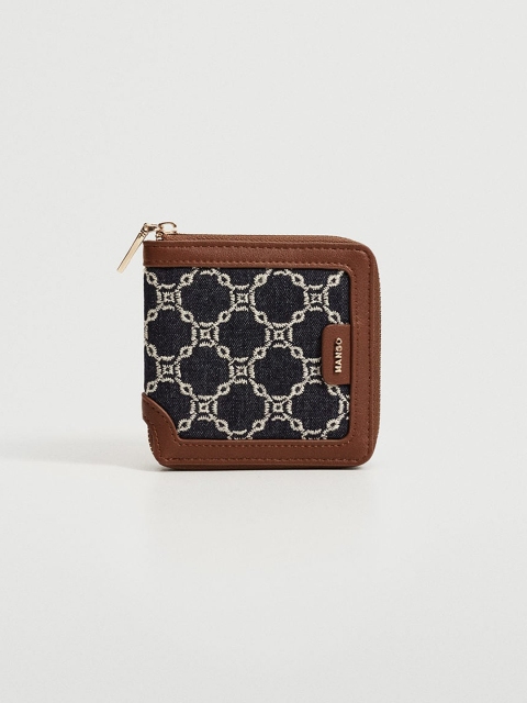

MANGO Women Navy Blue & White Woven Design Zip Around Wallet