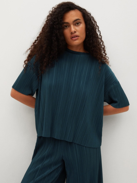 

MANGO Teal Blue Self-Striped Extended Sleeves Boxy Top