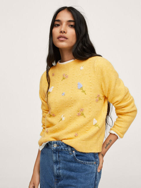

MANGO Women Mustard Yellow & Beige Floral Embroidered Pullover
