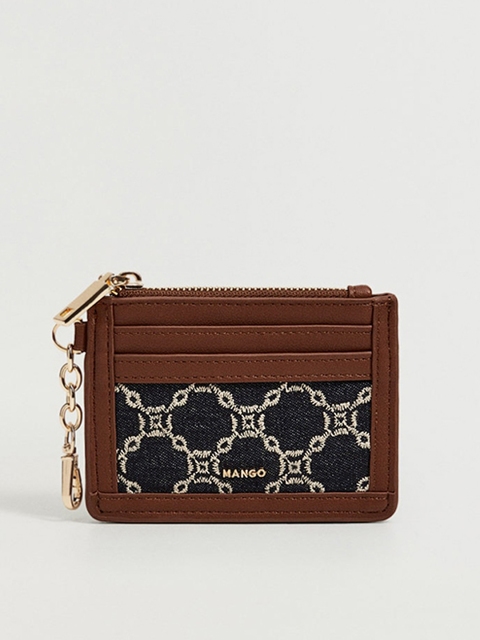 

MANGO Women Navy Blue & Brown Geometric Embroidered Card Holder