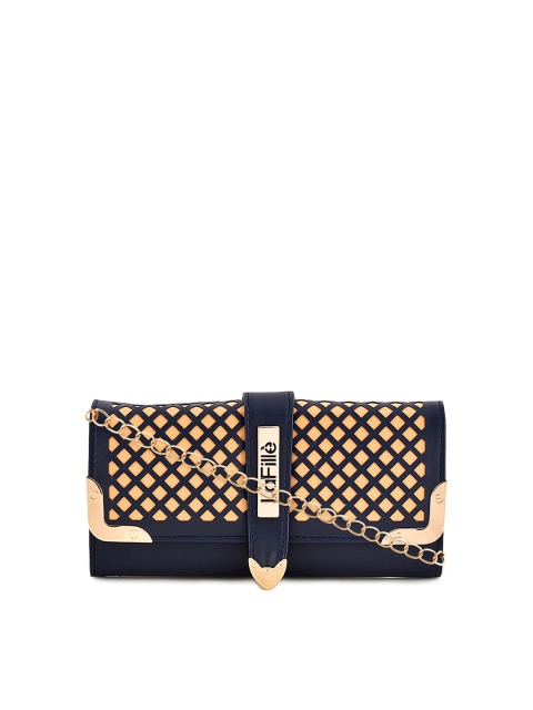 

LaFille Women Navy Blue & Gold-Toned Geometric Textured PU Three Fold Wallet