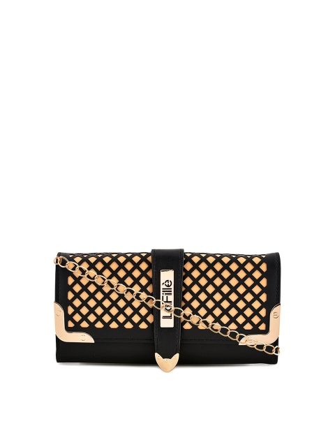 

LaFille Women Black & Gold-Toned Geometric Textured PU Two Fold Wallet