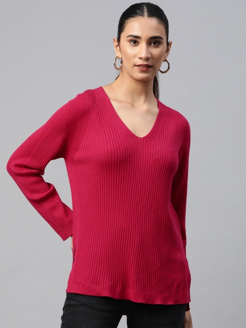 

Marks & Spencer Women Magenta Merino Wool Ribbed Sweater