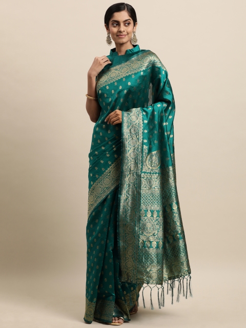 

Touch Trends Teal & Gold-Toned Ethnic Motifs Zari Silk Blend Kanjeevaram Saree