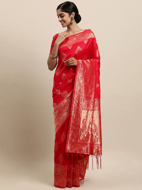 

Touch Trends Red & Gold-Toned Ethnic Motifs Zari Silk Blend Kanjeevaram Saree