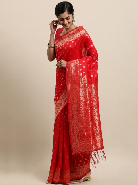 

Touch Trends Red & Gold-Toned Ethnic Motifs Zari Silk Blend Kanjeevaram Saree