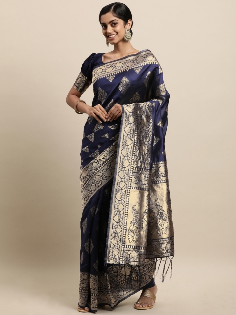 

Touch Trends Navy Blue & Gold-Toned Ethnic Motifs Zari Silk Blend Kanjeevaram Saree