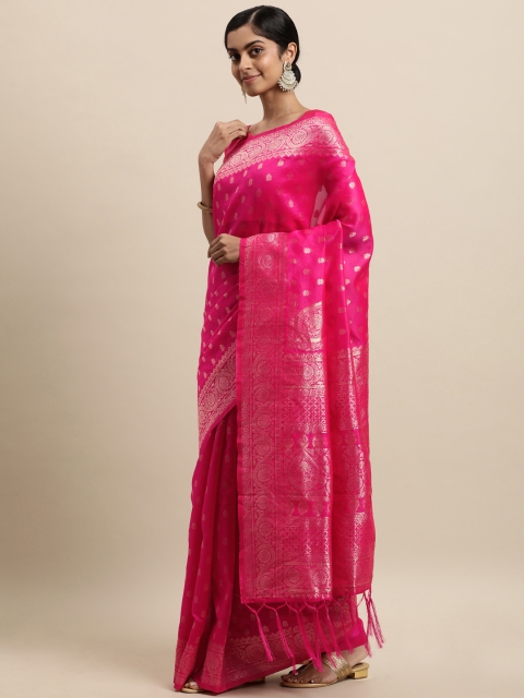 

Touch Trends Magenta & Gold-Toned Ethnic Motifs Zari Silk Blend Kanjeevaram Saree