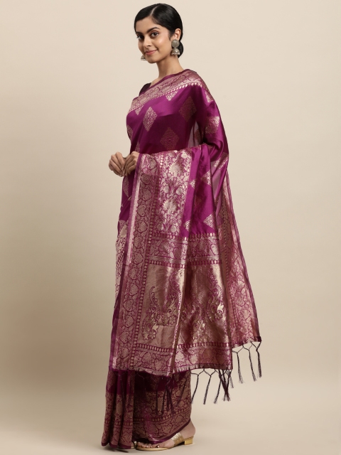 

Touch Trends Magenta & Gold-Toned Ethnic Motifs Zari Silk Blend Kanjeevaram Saree