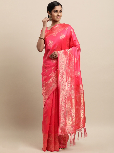

Touch Trends Coral & Gold-Toned Ethnic Motifs Zari Silk Blend Kanjeevaram Saree