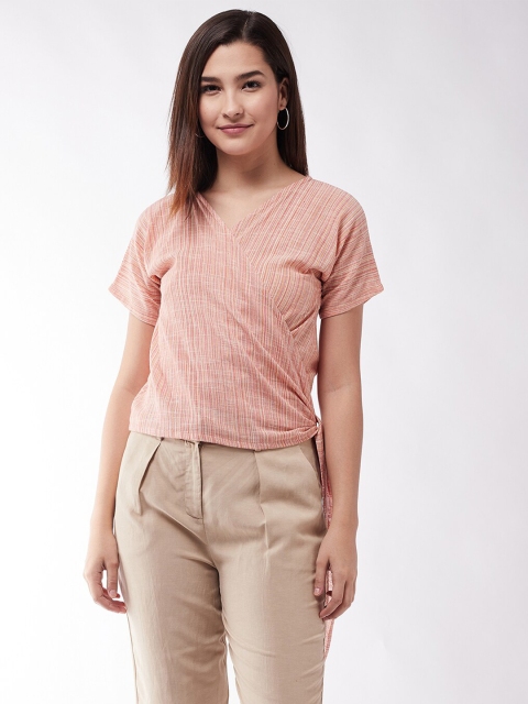 

InWeave Orange Women Striped Extended Sleeves Cotton Wrap Top