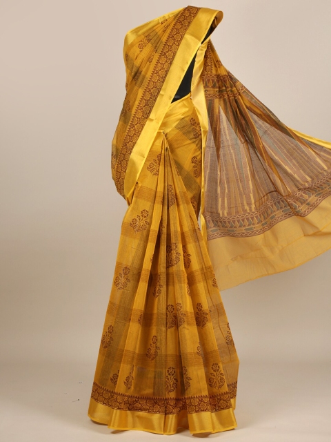 

Pothys Mustard & Brown Ethnic Motifs Zari Cotton Blend Saree