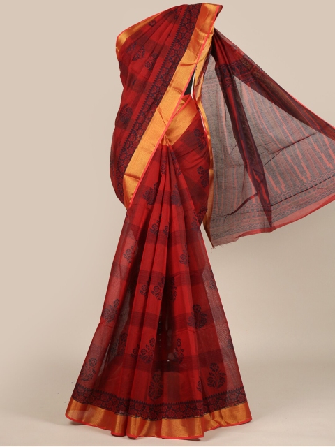 

Pothys Maroon & Navy Blue Floral Zari Cotton Blend Saree