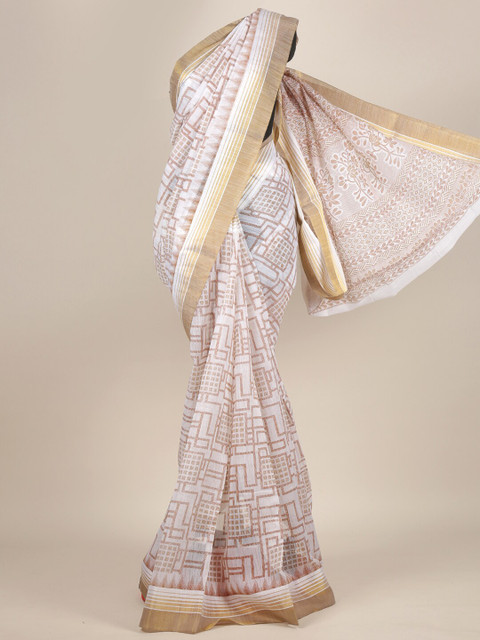 

Pothys White & Brown Zari Cotton Blend Saree