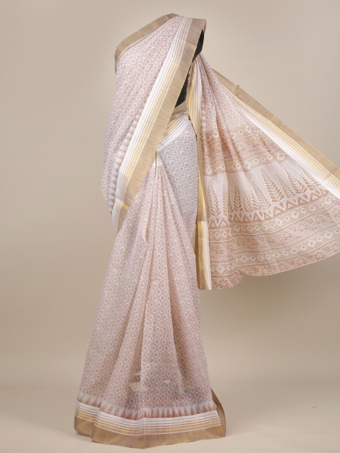 

Pothys White & Brown Ethnic Motifs Zari Cotton Blend Saree