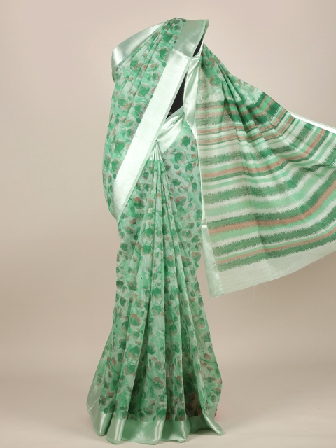 

Pothys Green & Silver-Toned Floral Cotton Blend Saree