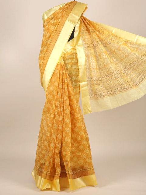 

Pothys Mustard & Brown Floral Zari Cotton Blend Saree