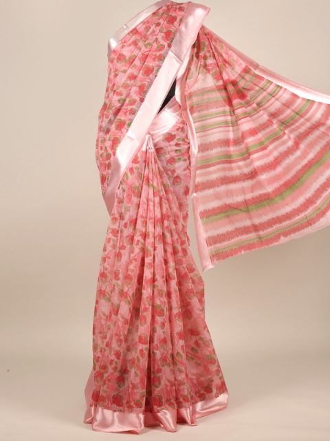 

Pothys Pink & Green Floral Zari Cotton Blend Saree