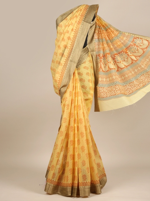 

Pothys Yellow & Olive Green Floral Printed Saree