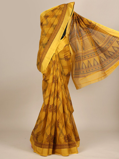 

Pothys Mustard & Maroon Floral Cotton Blend Saree