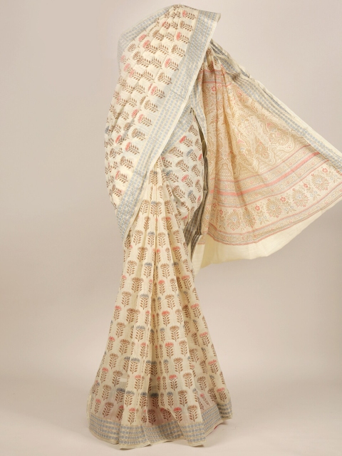 

Pothys Cream-Coloured & Brown Ethnic Motifs Zari Cotton Blend Saree